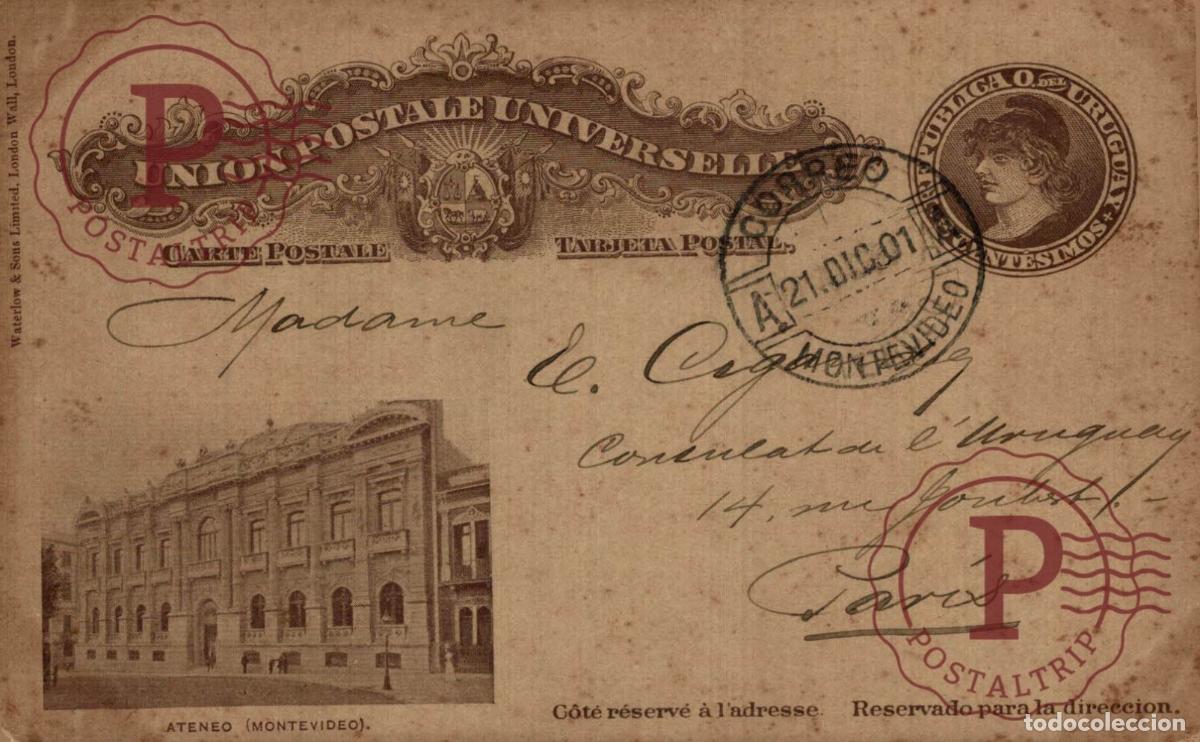 Postales: Uruguay 1901: Entero postal 3c a Consulado en Par&iacute;s. Vi&ntilde;eta Ateneo. Felicitaci&oacute;n A&ntilde;o Nuevo