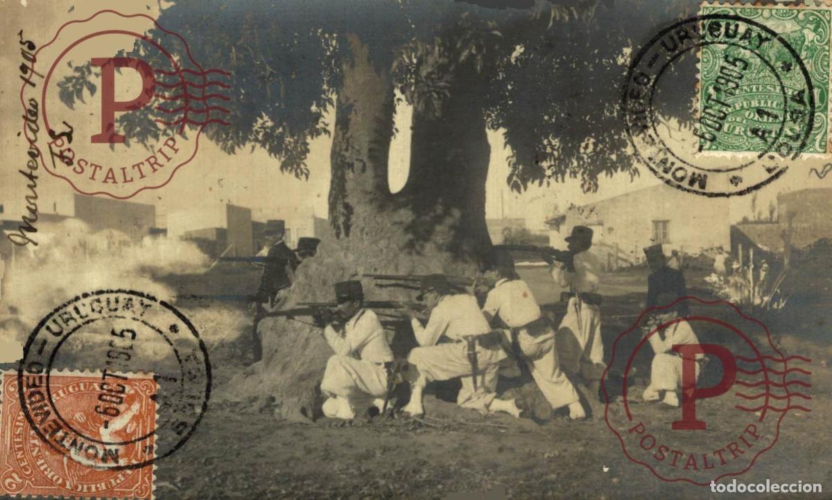 Postales: RARA! Uruguay 1905: Escena militar Rev. 1904? a General Franc&eacute;s. Sellos anverso. Marca BOLSA. RPPC
