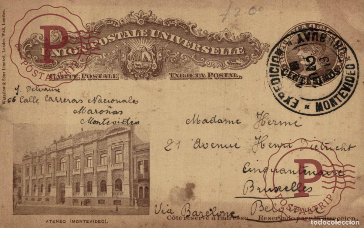 Postales: Uruguay 1919: Entero Postal 2c Ateneo. Circulado a Bruselas B&eacute;lgica Via Barcelone