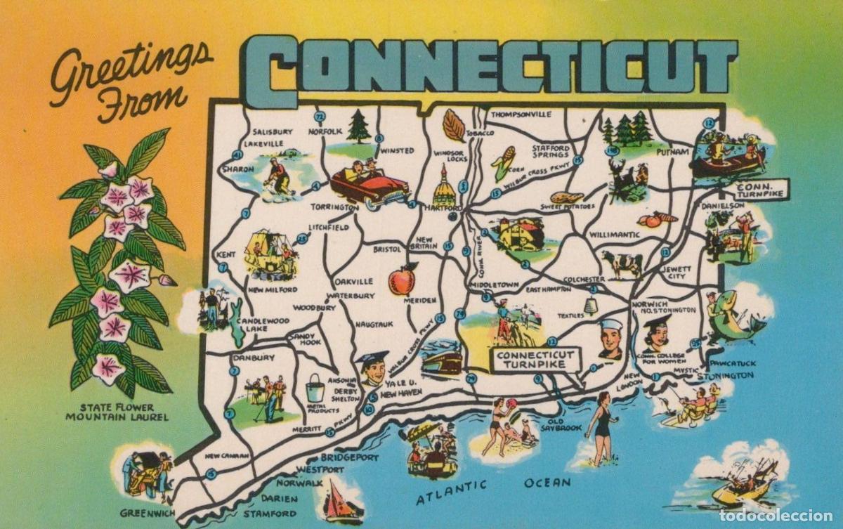 Postais: USA Connecticut State Map Tourism Travel Unposted *YAK202