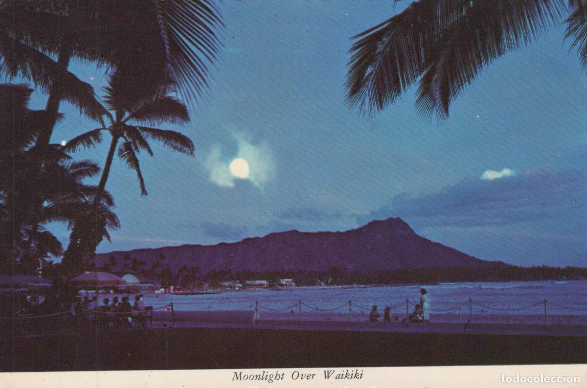 Postales: USA Honolulu Moonlight Over Waikiki Beach Diamond Head Palm Trees Night *YAR857