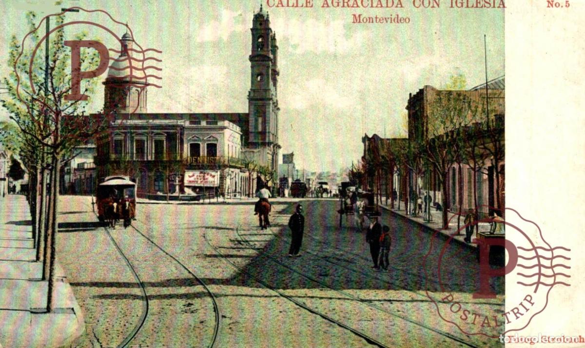 Postales: URUGUAY MONTEVIDEO Calle Agraciada con Iglesia TRANVIA TRAMWAY