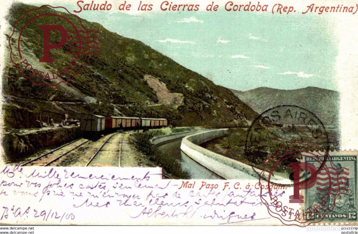Postkarten: 1900 ARGENTINA. MAL PASO FC A COSQUIN RAILWAY SALUDO DE LAS CIERRAS DE CORDOBA REP ARGENTINA