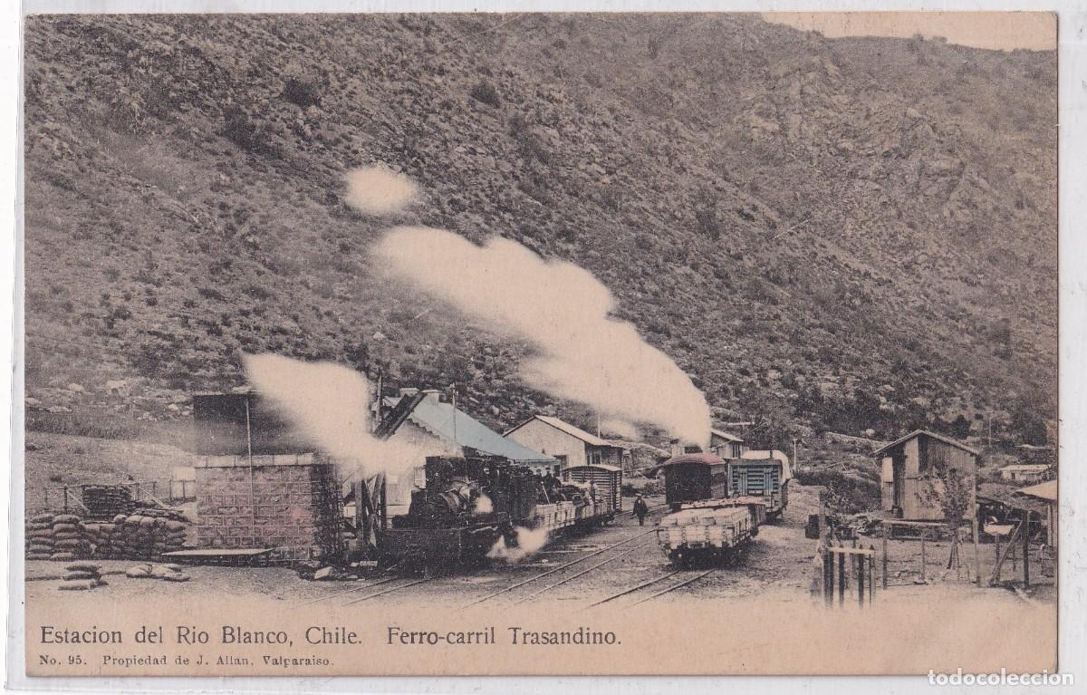 Postales: Estaci&oacute;n del Rio Blanco. Chile Ferrocarril Trasandino Chile. n&ordm; 95 propiedad de J. Allan Valparaiso.