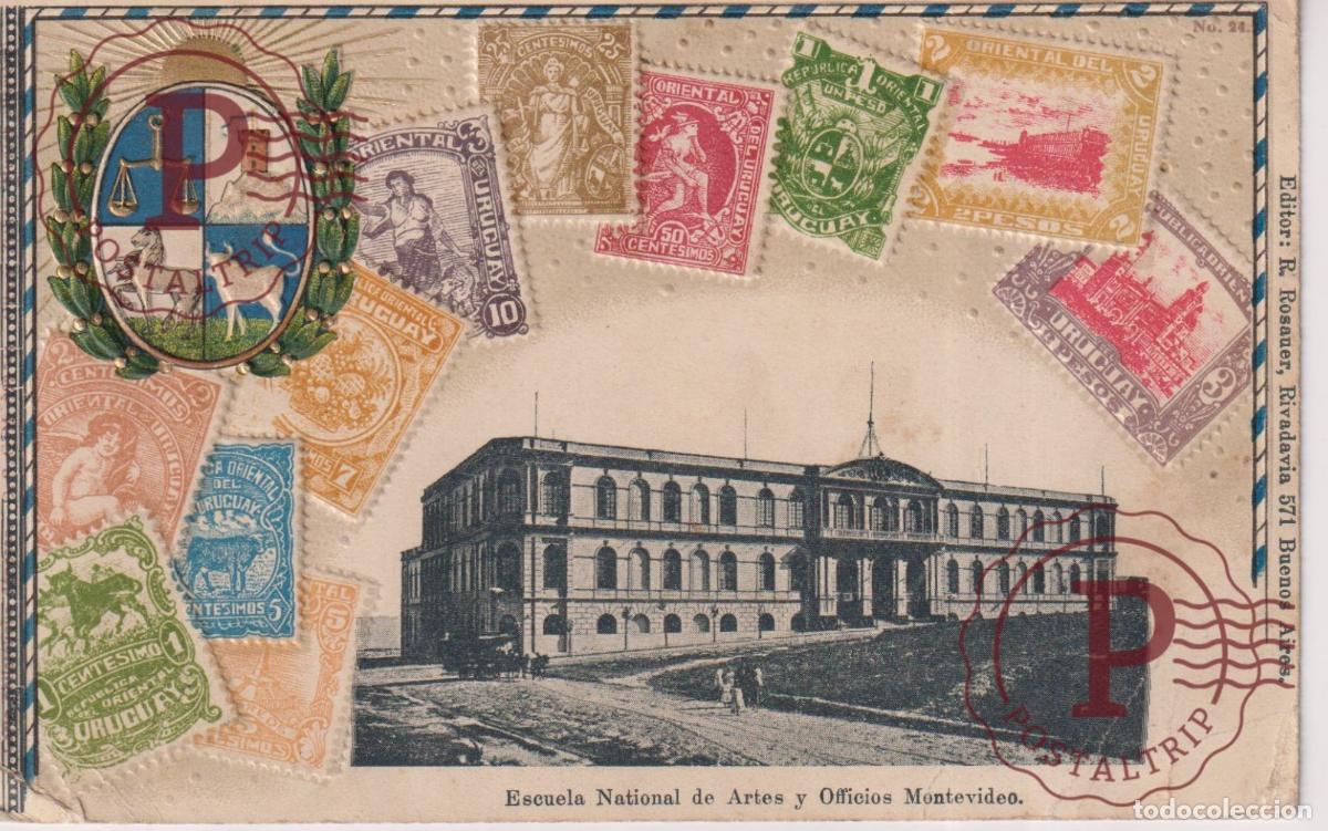 Cartes Postales: MONTEVIDEO URUGUAY ESCUELA ARTES OFICIOS CROMOLITOGRAFIA RELIEVE SELLOS R. ROSAUER