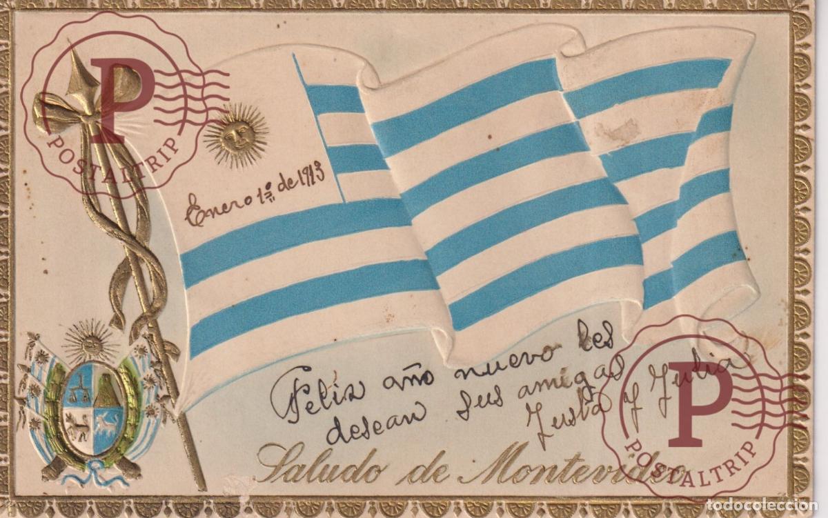 Cartes Postales: RARA. URUGUAY 1913. SALUDO DE MONTEVIDEO. BANDERA ESCUDO RELIEVE DORADO. ED CARLUCCIO