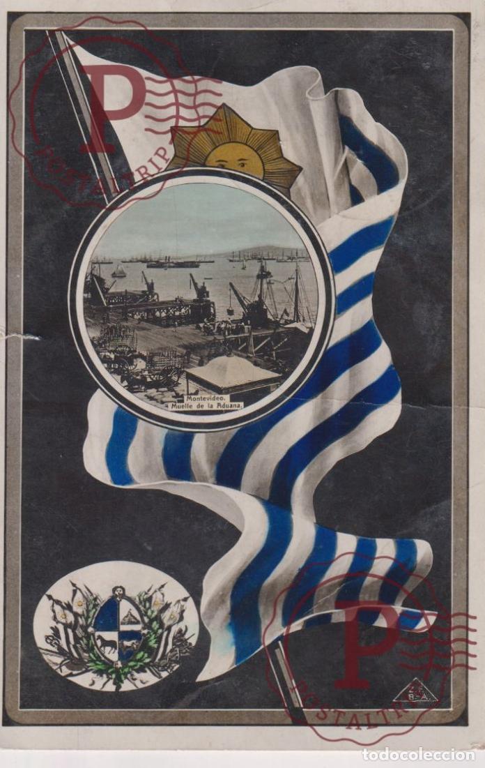 Cartes Postales: URUGUAY 1906 PATRIOTICA BANDERA Y MUELLE ADUANA. PLATEADA. ED CARLUCCIO algo da&ntilde;ada