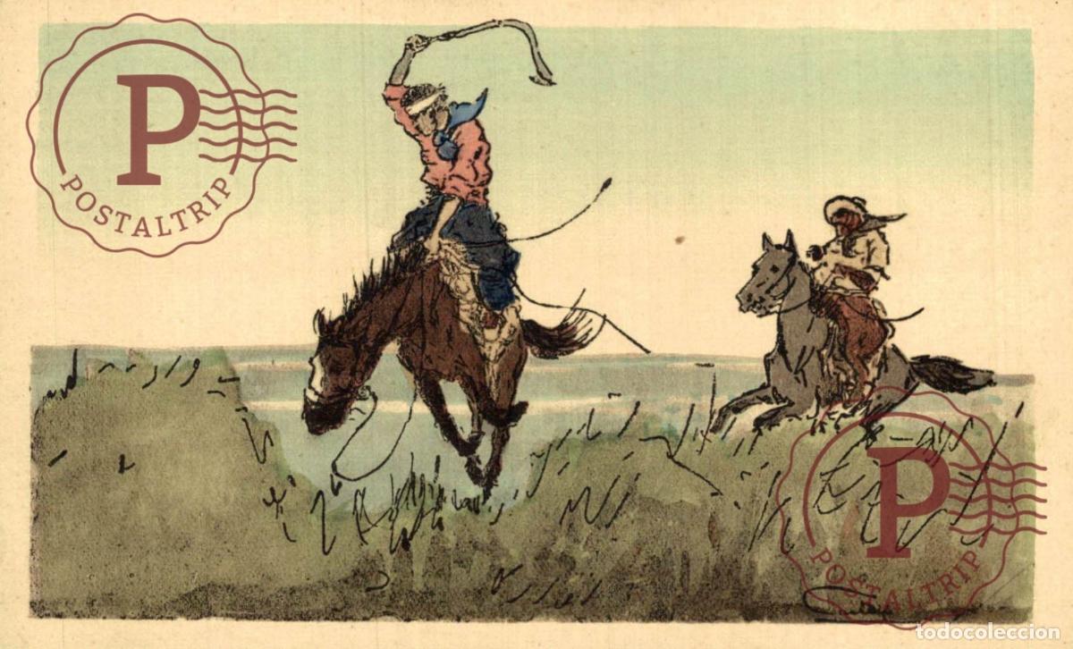 Postales: URUGUAY C. 1925. COSTUMBRES DEL CAMPO. GAUCHOS CON LAZO A CABALLO. ED VDA MORETTI ILUSTRACION ILLUST