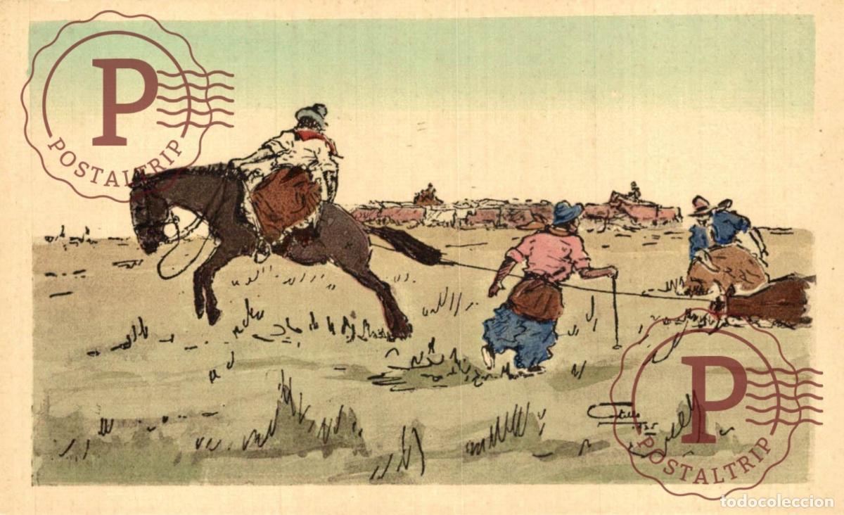 Postales: URUGUAY 1925. COSTUMBRES DEL CAMPO. GAUCHOS Y CABALLOS.. ED VDA MORETTI ILUSTRACION ILLUSTREE