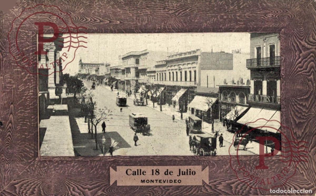 Postales: URUGUAY MONTEVIDEO CALLE 18 DE JULIO TRANVIA MARCO MADERA O.M.B.