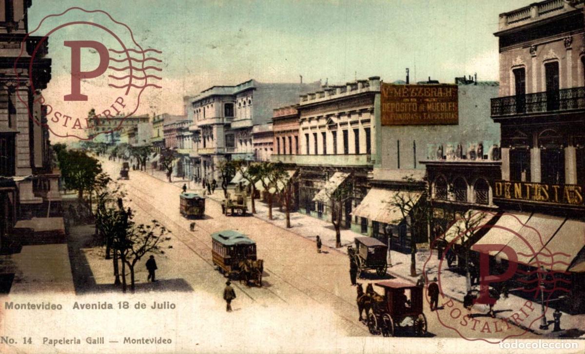 Postales: URUGUAY MONTEVIDEO AV 18 DE JULIO TRANVIA SANGRE PAPELERIA GALLI COLOREADA