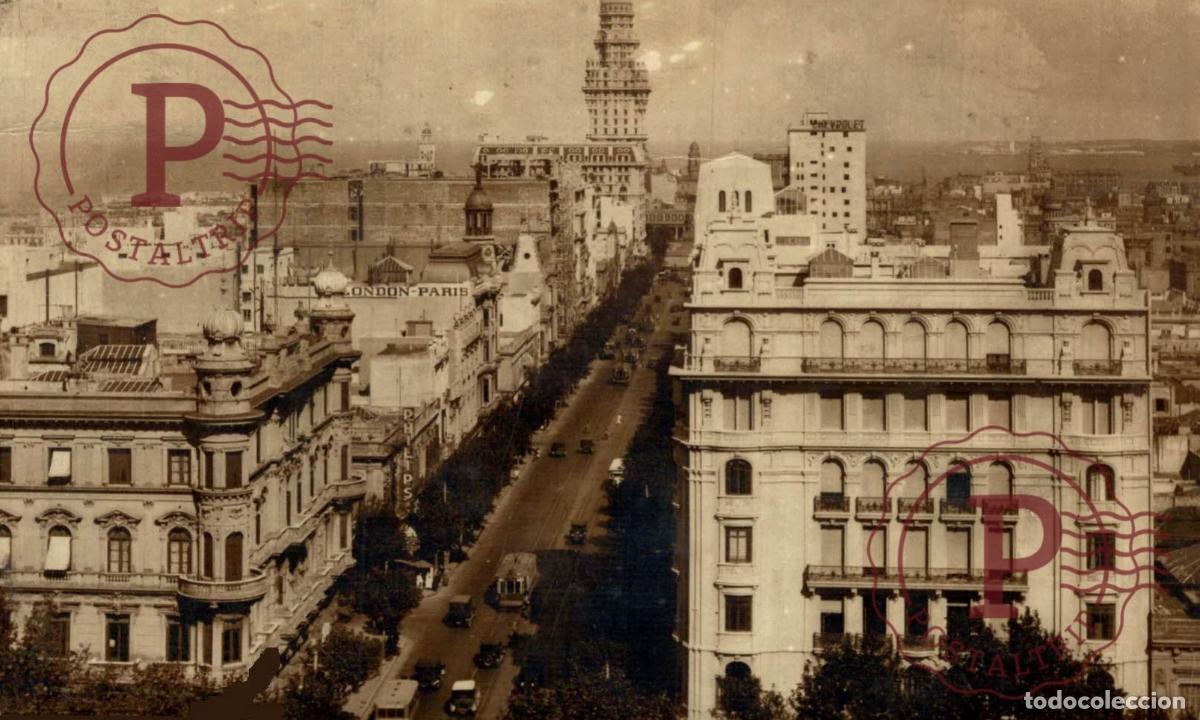 Postales: MONTEVIDEO AV 18 DE JULIO PUBLICIDAD CHEVROLET PHILIPS LONDON-PARIS RPPC FOTOGRAFICA da&ntilde;ada etat da