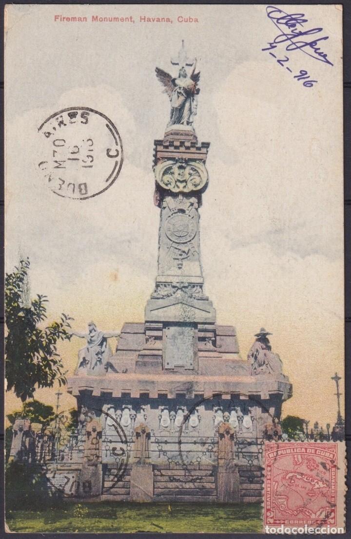 Postales: POS-1940 CUBA POSTCARD 1916 2c MAPITAS HAVANA FIREMAN MONUMENT CEMENTERY OF COLUMBUS TO ARGENTINA.