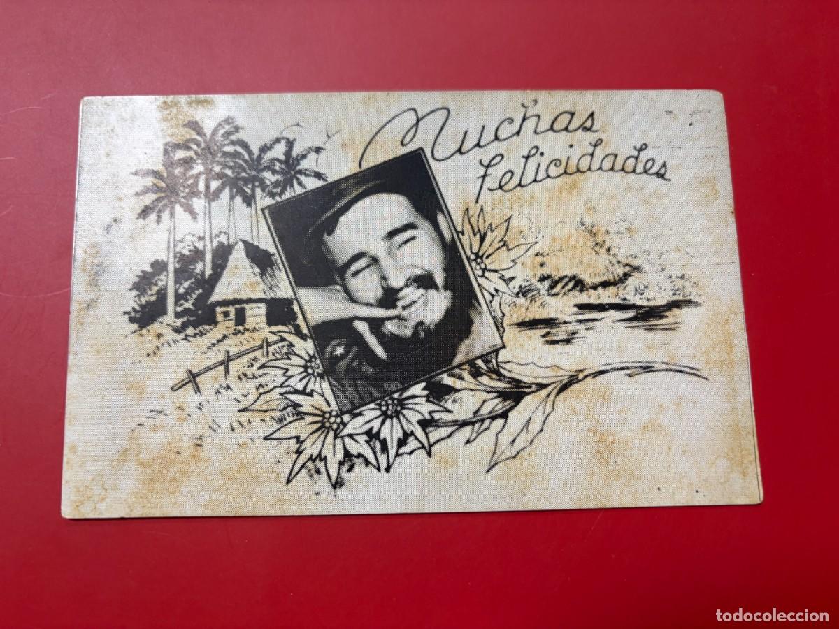 Postales: POSTAL DE FELICITACI&Oacute;N CUBA A&Ntilde;OS 60. FIDEL CASTRO CON BOH&Iacute;O CAMPESINO Y PALMERAS. PROPAGANDA