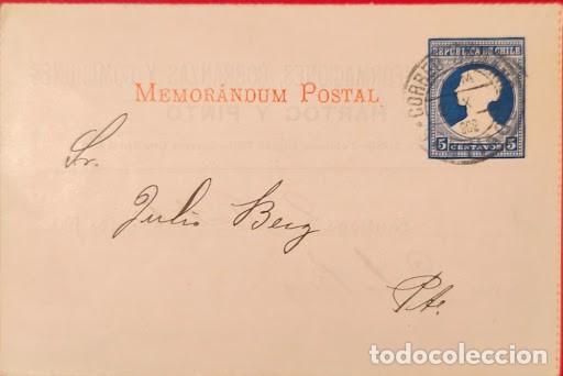 Postales: Chile 1902 - Memor&aacute;ndum Postal Comercial &rdquo;Hartog y Pinto&rdquo; (Santiago) - Sello 5 Cvs Azul -