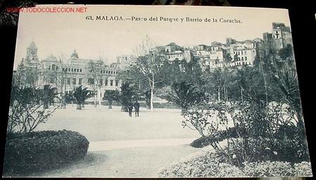 Postales: ANTIGUA POSTAL DE MALAGA - EL CHORRO - PASEO DEL PARQUE Y BARRIO DE LA CORACHA