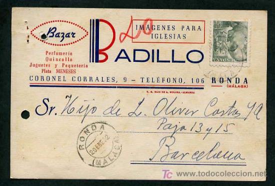 Postais: Ronda. TP comercial *Bazar Badillo. Corrales, 9. Ronda* Circulada 1952.