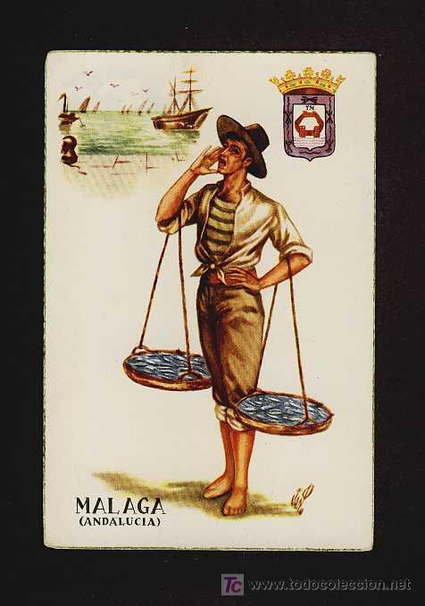 Postais: Postal de MALAGA: Ilustracion vendedor de pescado