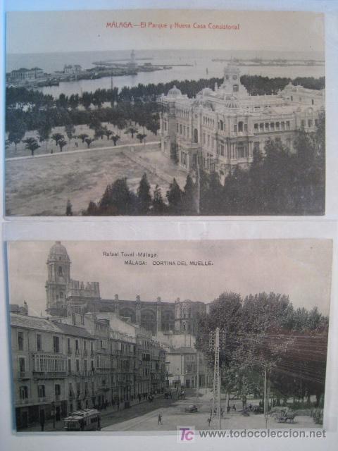 Postales: Lote 2 postales antiguas MALAGA (parque,cortina)