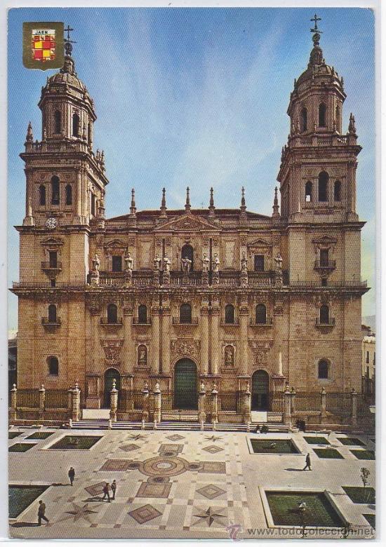 Postales: Tarjeta POSTAL DE JAEN FACHADA CATEDRAL Y PLAZA DE SANTA MARIA