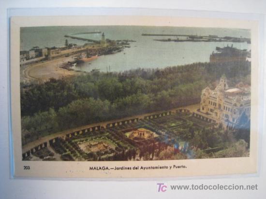 Postales: MALAGA: JARDINES AYUNTAMIENTO Y PUERTO (ARRIBAS). POSTAL