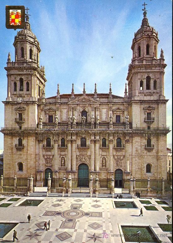 Postales: TARJETA POSTAL DE JAEN. FACHADA CATEDRAL Y PLAZA DE STA. MARIA
