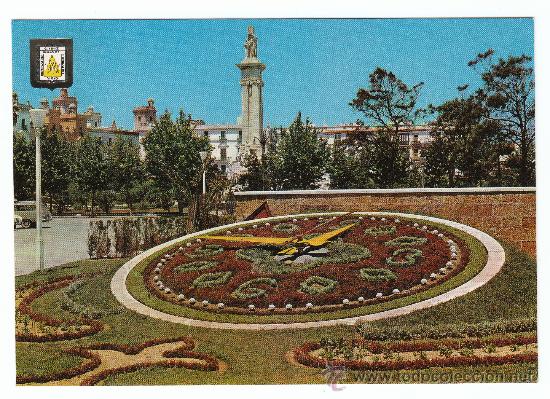 Postales: N&ordm; 1128 CADIZ. RELOJ DE FLORES Y MONUMENTO A LAS CORTES