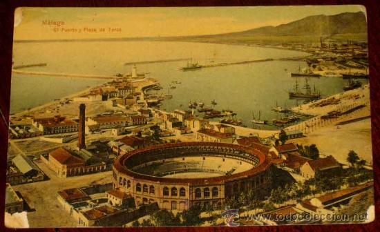 Postales: ANTIGUA POSTAL DE MALAGA - PUERTO Y PLAZA DE TOROS - ED. DOMINGO DEL RIO - NO CIRCULADA - CON DESPER