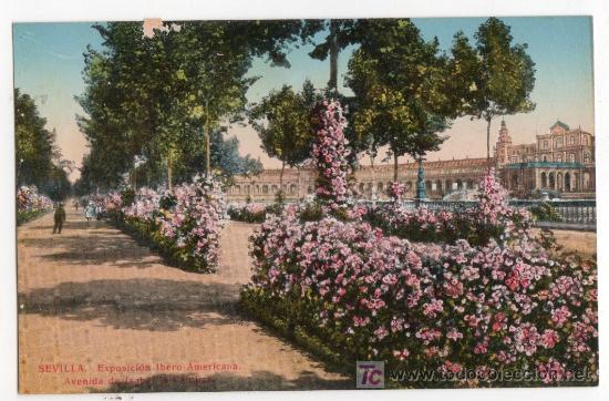 Cartoline: TARJETA POSTAL DE SEVILLA.EXPOSICION IBERO-AMERICANA, AVD. DE ISABEL LA CATOLICA. C.R.S.