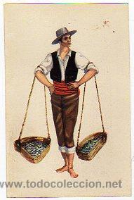 Postales: Tipico vendedor de pescado. Boqueronero. Malaga. Traje regional n&ordm; 29. Dibujos M&ordf; Rosa Bendala.