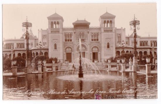 Postais: TARJETA POSTAL DE SEVILLA.EXPOSICION,PLAZA AMERICA,FUENTE CENTRAL. G.H. ALSINA N&ordm; 15. MARGARA