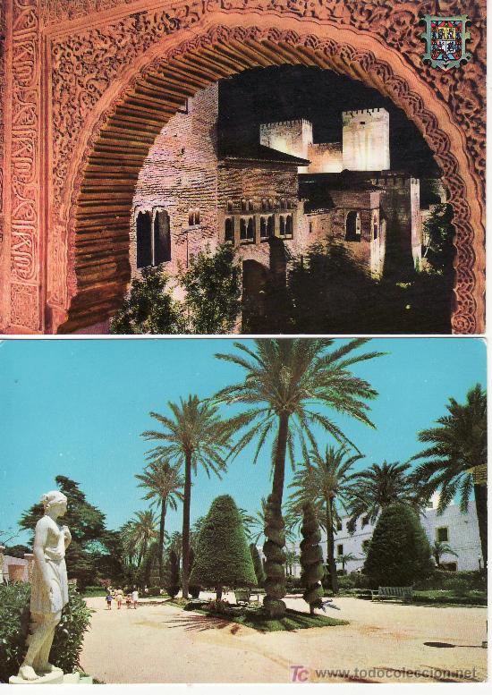 Postales: 2 POSTALES-CADIZ PARQUE GENOV&Eacute;S Y GRANADA ALHAMBRA.TORRE DEL HOMENAJE Y QUEBRADA.