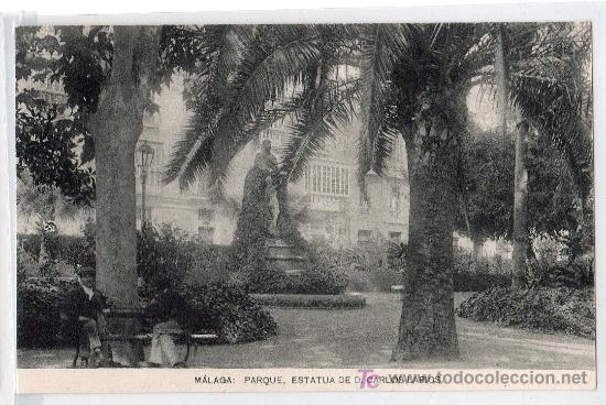 Postais: TARJETA POSTAL DE MALAGA. EL PARQUE, ESTATUA DE D. CARLOS LARIOS. FOTOTIPIA HAUSER Y MENET