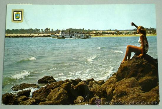 Postales: Postal Puerto de Santa Mar&iacute;a R&iacute;o Guadalete y playa de Valdegrana 1974