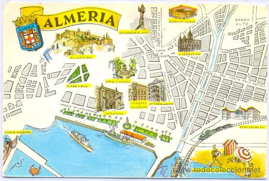 Postales: TARJETA POSTAL MAPA DE ALMERIA ALCAZABA PLAZA DE TOROS CATEDRAL PUERTO PESQUERO ILUSTRADA