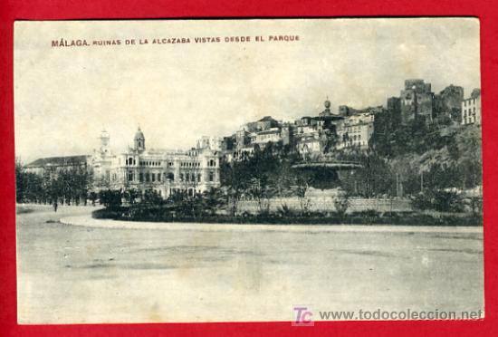 Postales: MALAGA, RUINAS DE LA ALCAZABA VISTAS DESDE EL PARQUE,     P36808