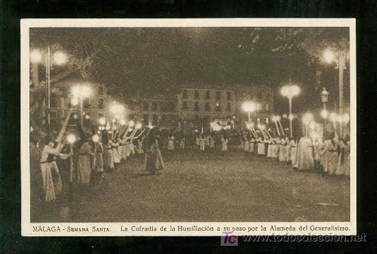 Postales: TARJETA POSTAL DE MALAGA. SEMANA SANTA. LA COFRADIA DE LA HUMILLACION A SU PASO POR LA ALAMEDA.