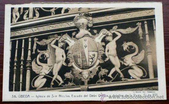 Postales: ANTIGUA POSTAL DE UBEDA - JAEN - IGLESIA DE SAN NICOLAS, ESCUDO DEL DEAN ORTEGA Y DETALLES DE LA VER