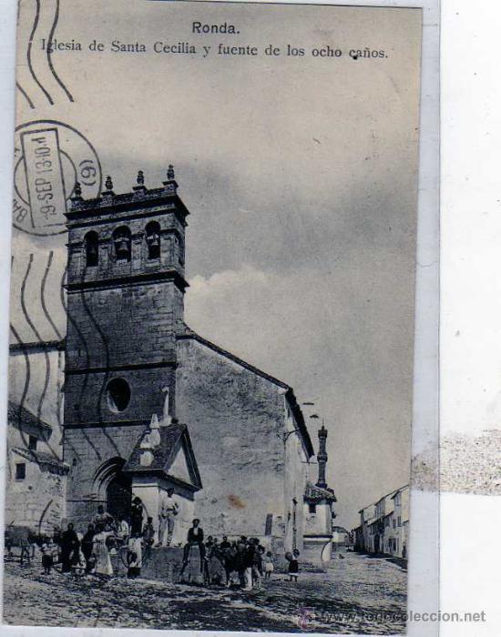 Postcards: Ronda. Malaga. Iglesia Santa Cecilia y Fuente de los 8 ca&ntilde;os. Ed.Marcos Molina Guerra. Circulada.