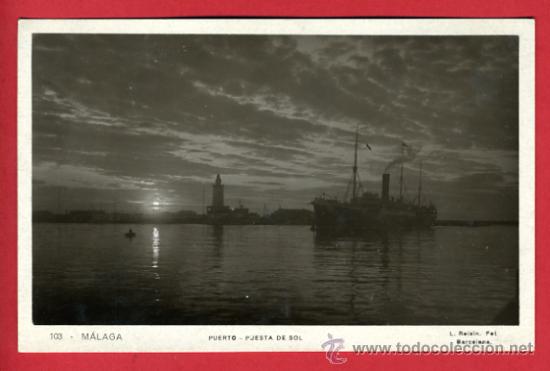 Postales: malaga, puerto-puesta de sol,    P42007