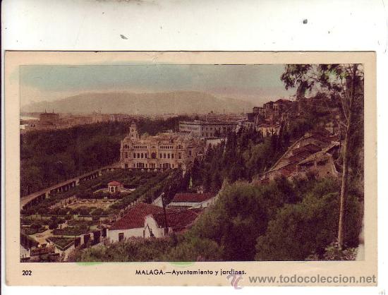 Postales: malaga - ayuntamiento y jardines.