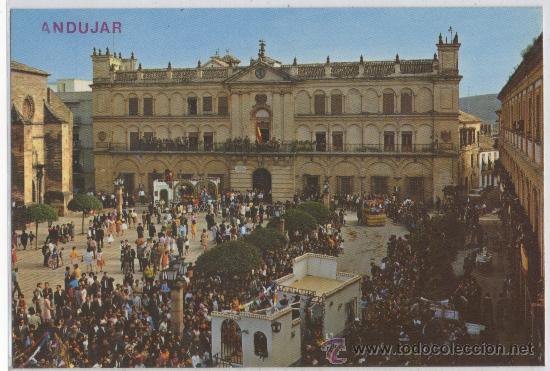 Postales: TARJETA POSTAL ANDUJAR PLAZA DE ESPA&Ntilde;A Y AYUNTAMIENTO JAEN DESFILE FIESTAS