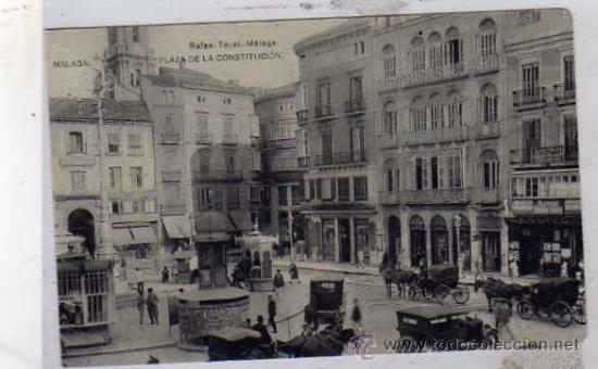 Postales: Malaga. Rafael Toval. Plaza de la Constituci&oacute;n. Coches . Fototipia Hauser y Menet. Sin circular.