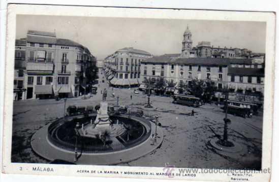 Postales: Malaga. n&ordm;3. Acera de la Marina y monumento al Marqu&eacute;s de Lario. L. Roisin. Circulada en 1932