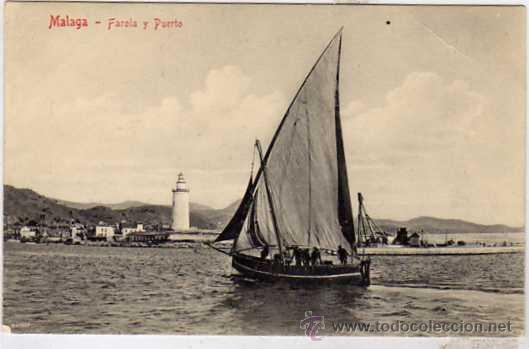 Postales: MALAGA. Farola y puerto, barco.  Ed. Domingo del Rio. Sin circular.