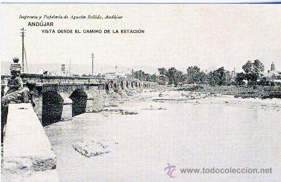 Postales: ANDUJAR (JAEN).- PUENTE SOBRE EL GUADALQUIVIR. AL FONDO ANDUJAR.- HACIA 1907.-(REPRODUCCI&Oacute;N)