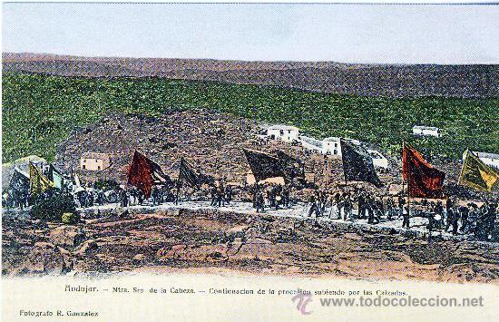 Postales: ANDUJAR (JAEN).- ROMERIA: SUBIENDO POR LAS CALZADAS.- HACIA 1904.-(REPRODUCCI&Oacute;N)