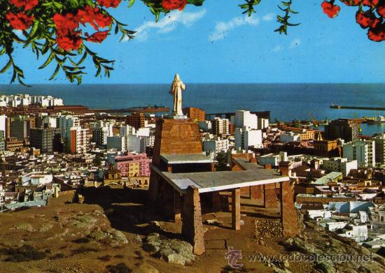 Postales: ALMERIA VISTA PARCIAL Y MONUMENTO AL SAGRADO CORAZ&Oacute;N DE JESUS SEGURA ESCRITA CIRCULADA SELLOS
