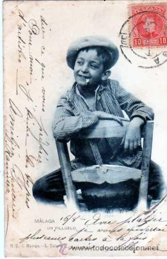 Postales: Malaga. Un pilluelo. M.Z.I. M&aacute;laga. L. Talavera. Reverso sin dividir. Circulada.