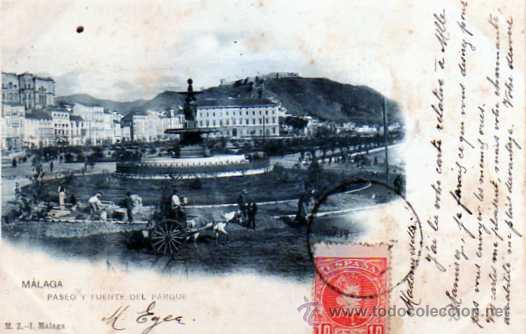 Cartoline: Malaga. Paseo y fuente del parque. M.Z.I. M&aacute;laga. L. Talavera. Reverso sin dividir. Circulada.